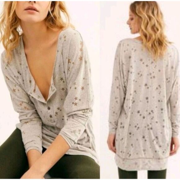 Free People Sleep Shirt Womens Medium Oatmeal Knit Dream Star Soft Nightgown - Picture 2 of 11